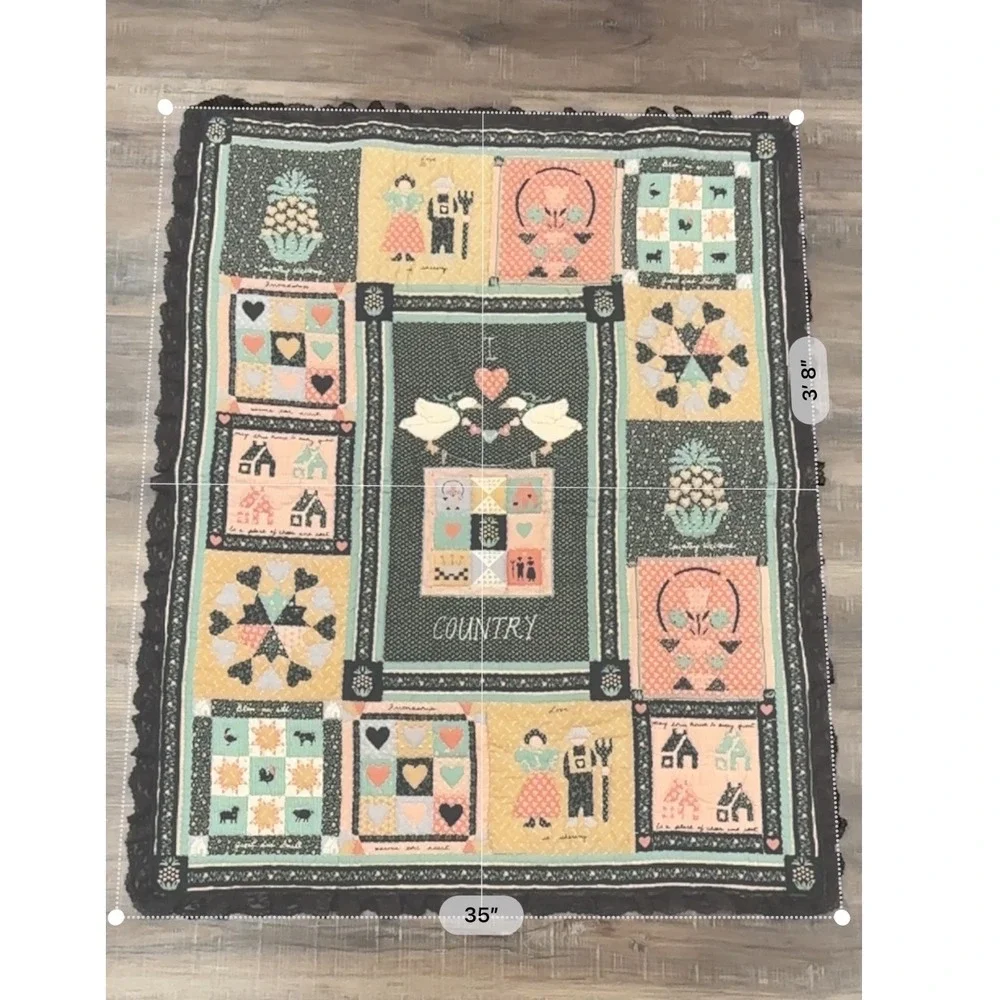 Vtg Folk Art Country Quilted Wall Hanging Lace Trim Americana Patchwork 35x44